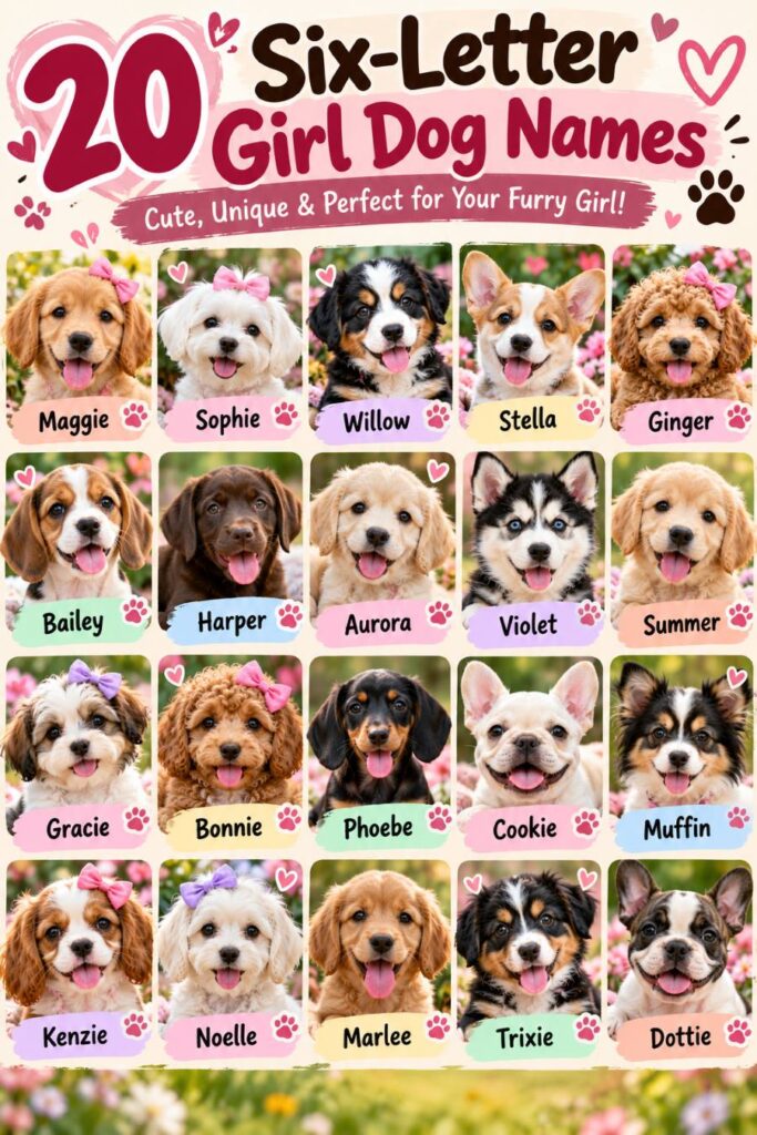 20 Dog Girl Names Six shown with cute puppies, including Maggie, Sophie, Willow, Stella, Ginger, and Bailey