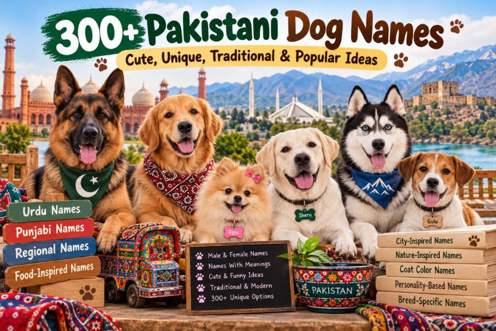 300+ Pakistani dog names featuring German Shepherds, Golden Retrievers, Huskies, and cute puppies with Pakistani cultural-inspired decorations.