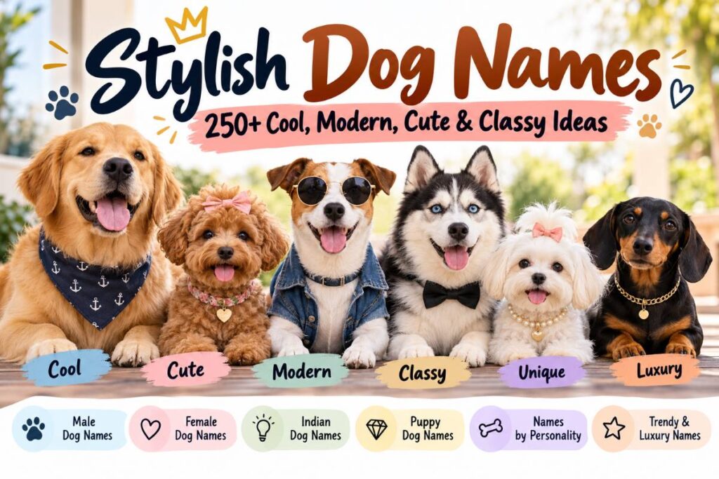 Stylish dog names featuring cool, cute, modern, classy, unique, and luxury-inspired ideas. Image title: Stylish Dog Names: 250+ Ideas